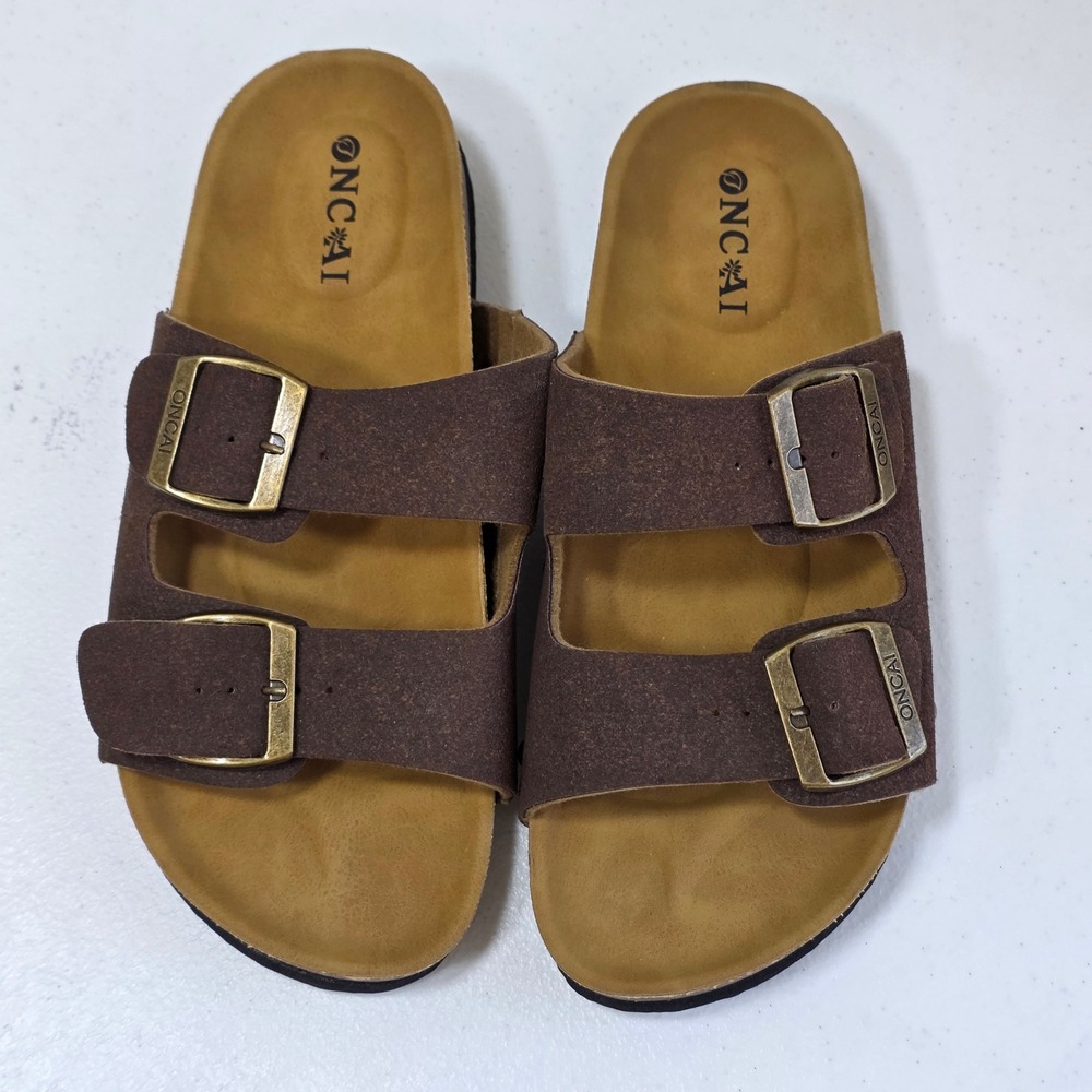 NCAI Boho Brown Vegan Suede Flats Double Strap Buckle Slide Sandals Womens 6 New